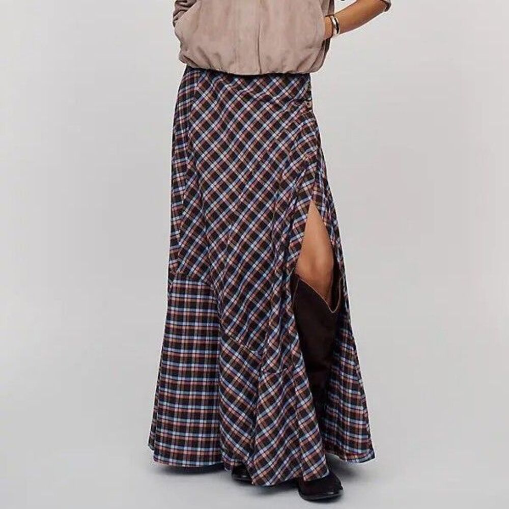 By Anthropologie Women's Olivette Plaid Bias-Cut Maxi Skirt Trendy L 291866